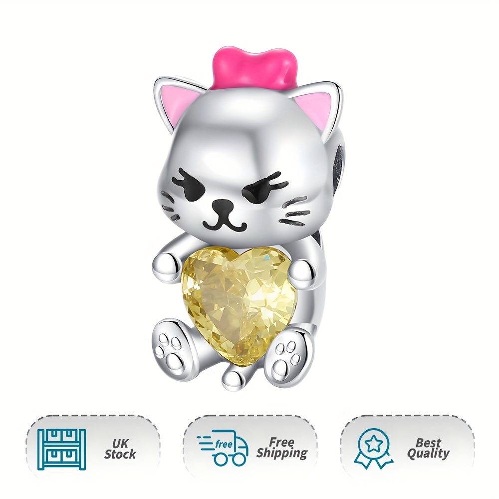 Cat Yellow Heart Stone Charm 925 Sterling Silver Pendant